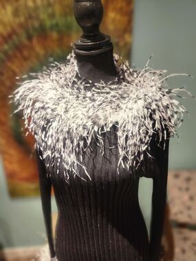 Belldini Black Sweater with White Feather Trim